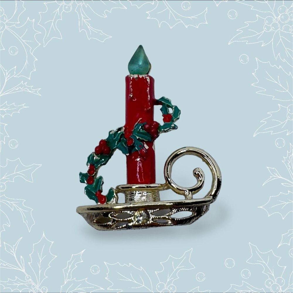 Vintage Christmas Candle Brooch Pin Jewelry Holly Enamel Green Flame Holidays - Picture 4 of 5
